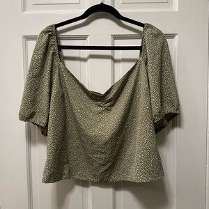 Abercrombie & Fitch Olive Green Puff Sleeve Blouse with White Dot Print